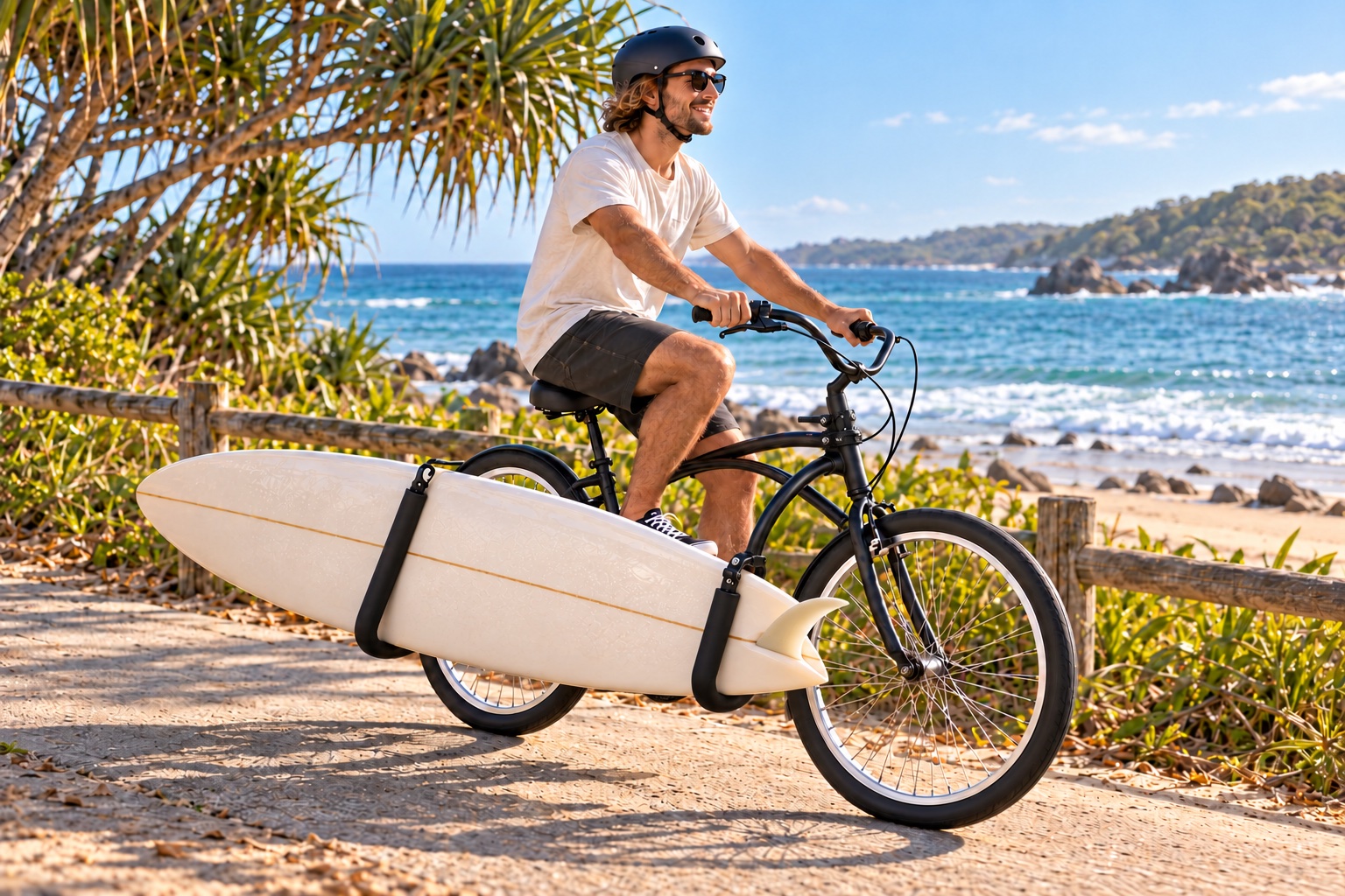 Rider on a black Byron Bay Bikes cruiser carrying a longboard in a side rack