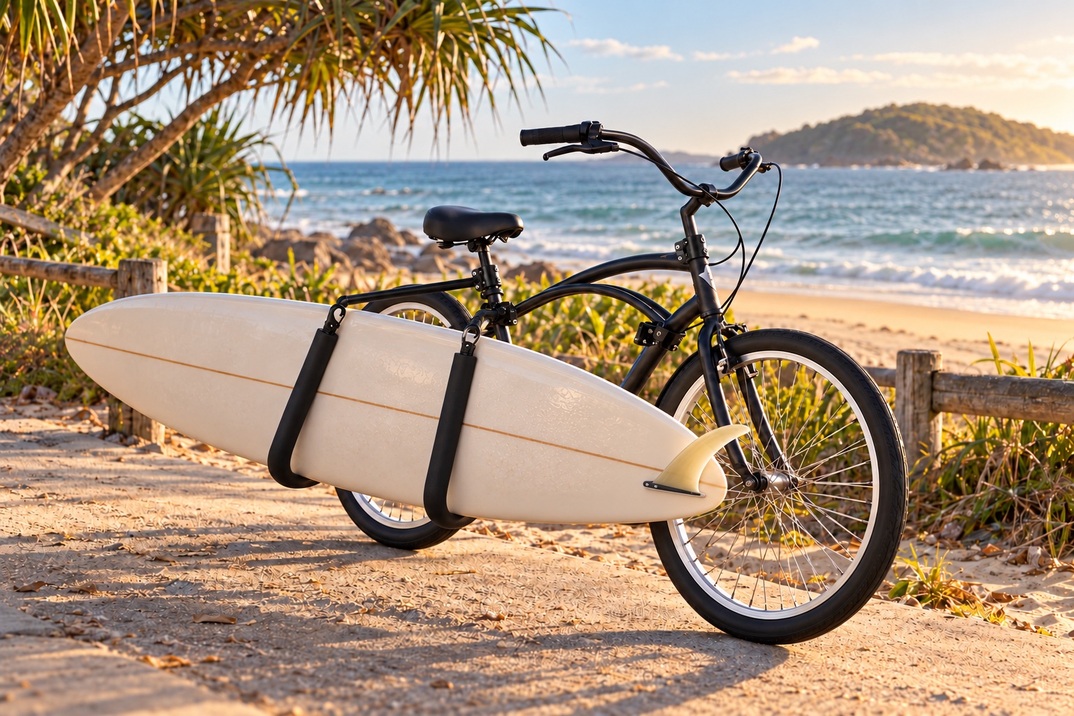 Longboard rack visualisation on a black Byron Bay Bikes cruiser at the beach, with board tail facing the bike front