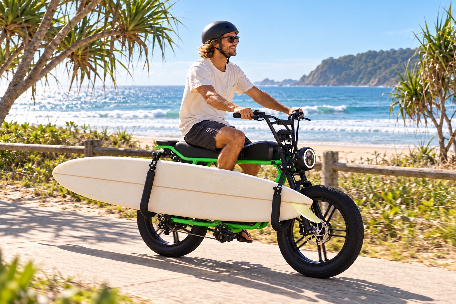 Rider on a green Byron Bay Bikes e-bike carrying a longboard at the beach