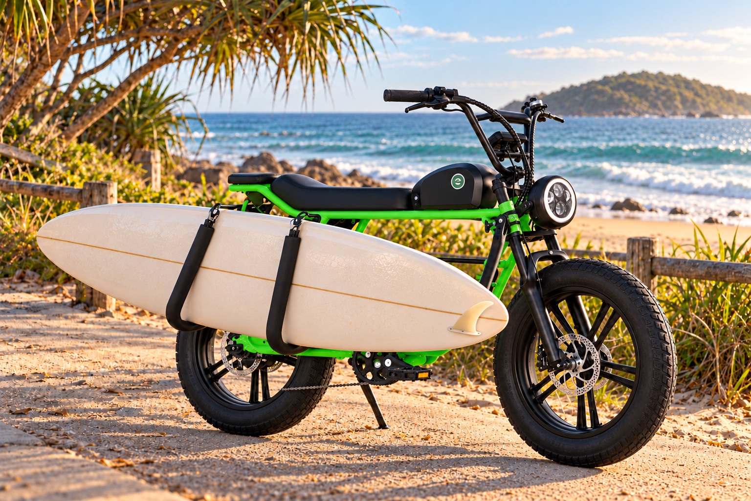 Longboard rack visualisation on a green Byron Bay Bikes e-bike at the beach