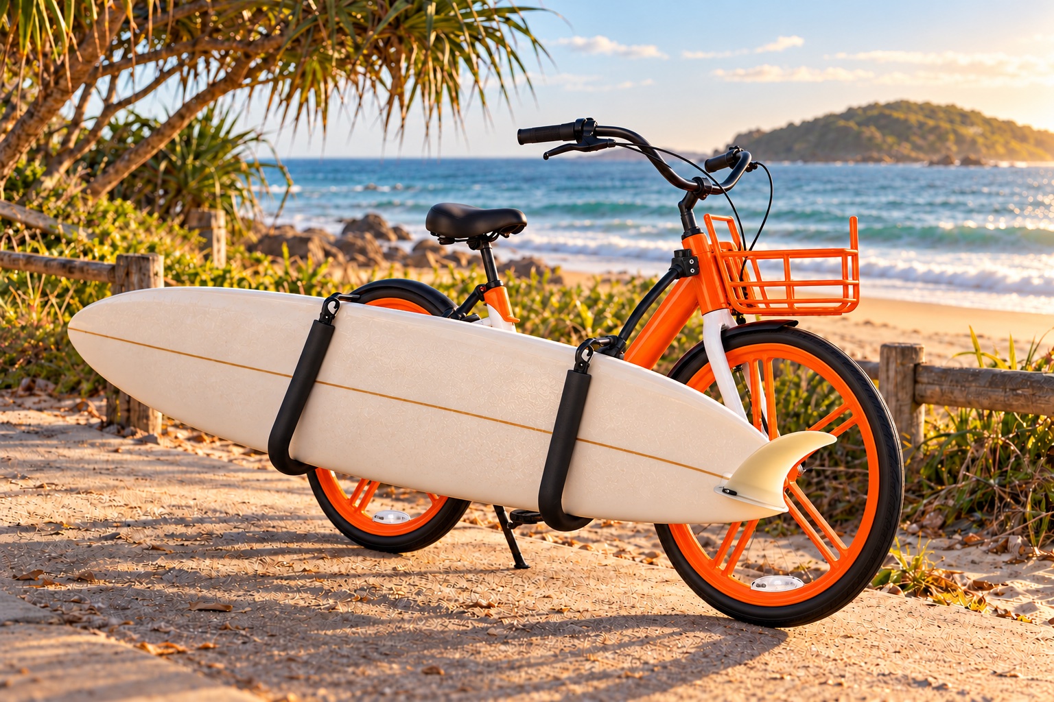 Longboard rack visualisation on an orange Byron Bay Bikes townie at the beach