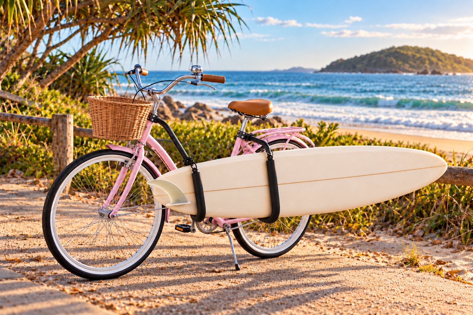 Longboard rack visualisation on a pink Byron Bay Bikes cruiser at the beach