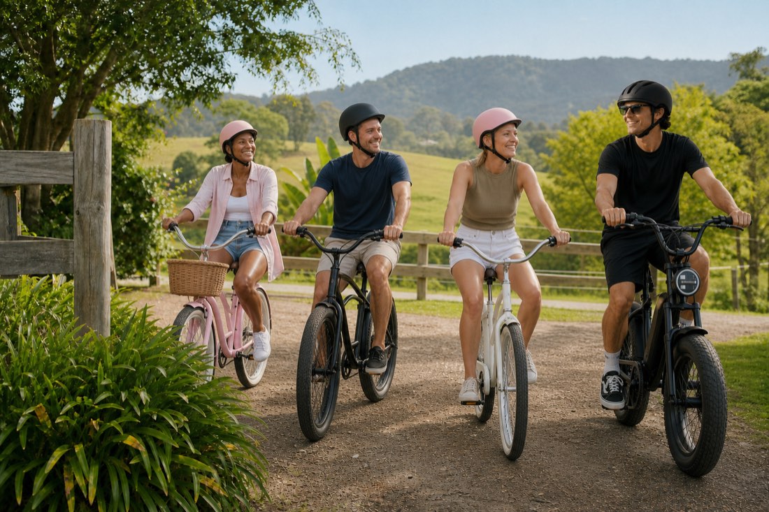 Helmeted friends riding pink, black and white cruisers with a black e-bike through the Byron Bay hinterland toward The Farm