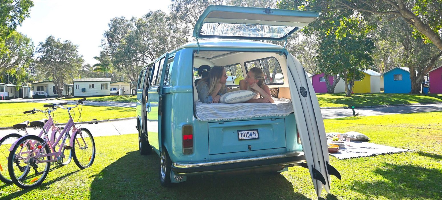 girls having a laugh in their combi at glen villa resort